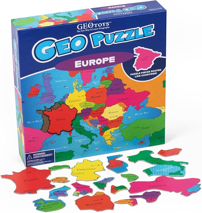 GeoToys GeoPuzzle, Europe Jigsaw Puzzles, 58 Pc Geography Game & Map Puzzle, Educational Games & Kids Learning Activities, Puzzle Gifts for Children Ages 6-9, Fun Learning Toys for Kids