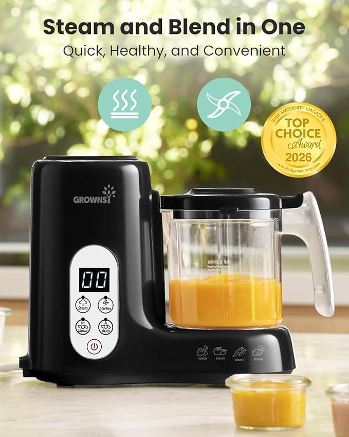 Grownsy Baby Food Maker with Steam Basket, One Step Baby Food Processor Steamer Puree Blender Grinder Mills Machine, Auto Cooking Grinding and Sterili-zing for Healthy Homemade Baby Food, Blcak