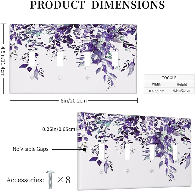 Decorative Light Switch Cover Plate Purple Eucalyptus Boho Olive Leaves Country Unique 4 Gang Wall Plate Switch Plate Covers Quad Toggle Jumbo Electrical Faceplate for Bedroom Decor