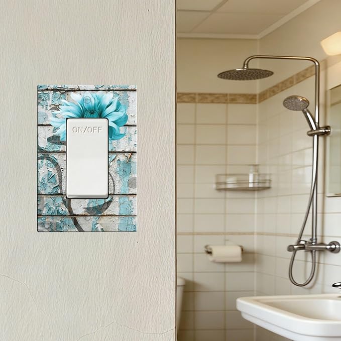 Vintage Floral Single Rocker Switch Cover - 1-Gang Standard US Size Rustic Farmhouse Teal Flower Distressed Brick Light Switch Covers for Bedroom Bathroom Decor