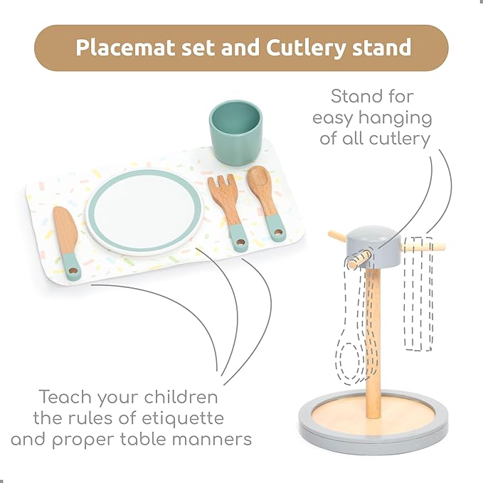 UMU® Large Wooden Dish Set – 28-Piece Tableware for Kids' Play Kitchen with Plates, Cups, Cutlery & Drying Rack – Pretend Play Kitchen Accessories for Children Ages 3 4 5 6