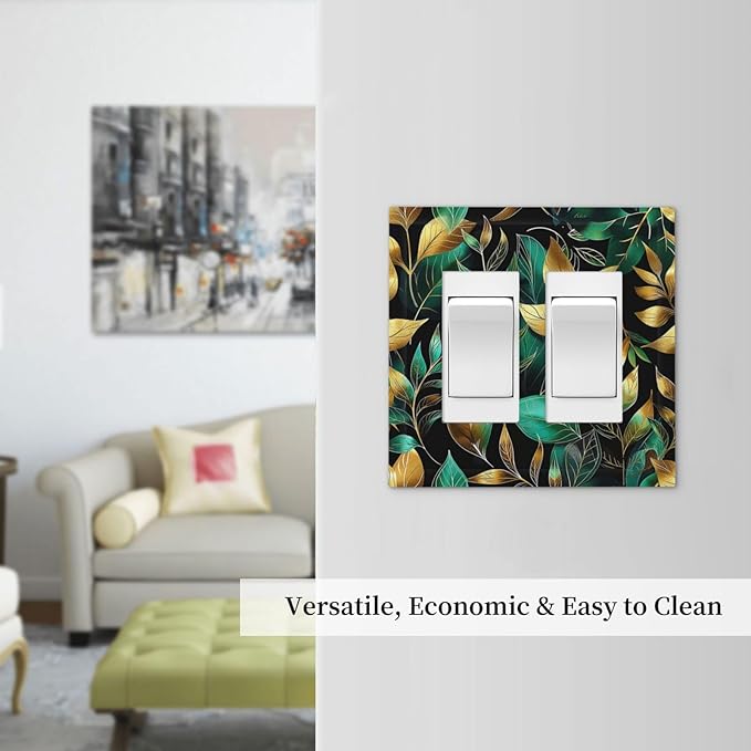 Decorative Outlet Covers Vintage Dark Green Vine Leaf Golden Plants 2 Gang Double GFCI Rocker Electrical Wall Panels Light Switch Cover Plate for Bed Room Cabin Decor