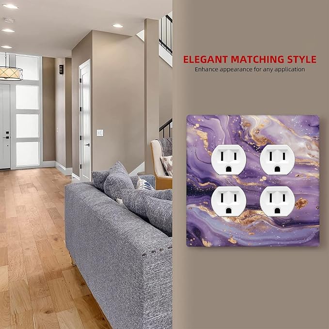 Luxury Marble Texture Purple And Gold Abstract Print Outlet Covers 2 Gang Double Duplex Decorative Light Switch Covers Electrical Wallplates Socket Faceplate for Bathroom Home Decor