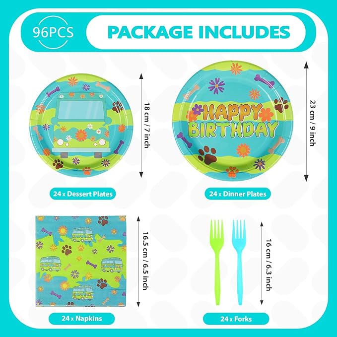 Grencian 96Pcs Mysterious Dog Birthday Party Supplies Blue Green Dog Plates and Napkins Carton Dogs Paw Tableware Set for Kids Birthday Baby Shower Party Supplies
