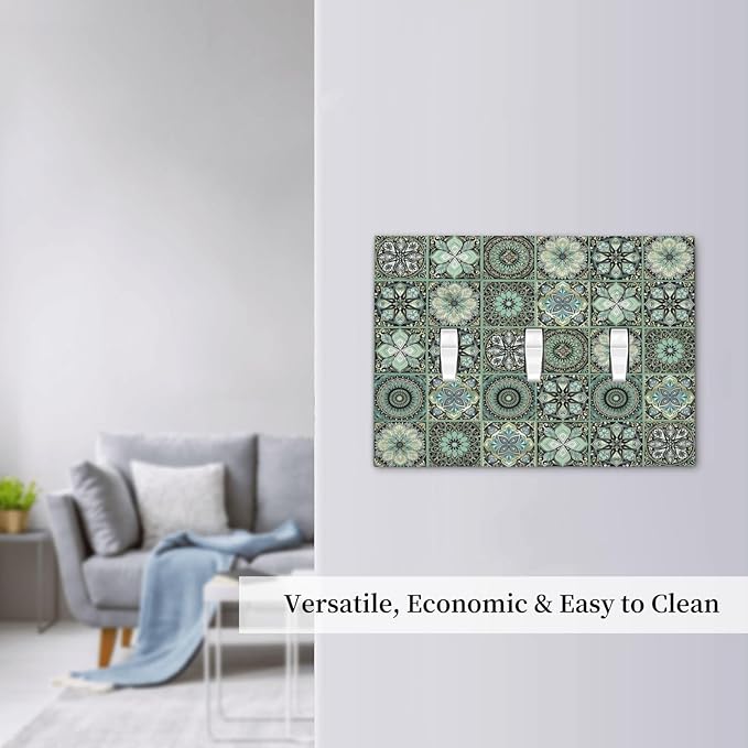 Moroccan Mandala Tile Floral Talavera Tiles Decorative Switch Plates 3 Gang Wall Plate Triple Toggle Light Switch Cover Faceplate Electrical Wall Panels for Bathroom Kitchen Decor