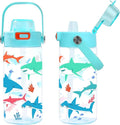 Queenshin Kids Shark Water Bottle 20oz BPA Free Tritan Boys Girls School Outdoor Sports Leak Proof Water Cup with Straw Lid Handle Pop-Up Spout Cover