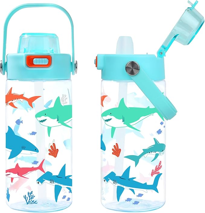 Queenshin Kids Shark Water Bottle 20oz BPA Free Tritan Boys Girls School Outdoor Sports Leak Proof Water Cup with Straw Lid Handle Pop-Up Spout Cover