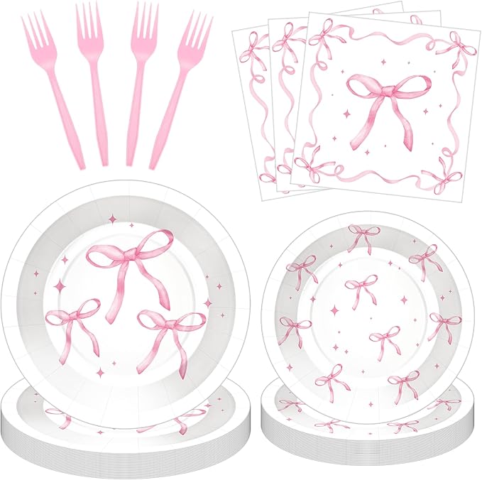 100 Pcs Pink Ribbon Bow Party Supplies Set, Serves 25 – Disposable Paper Plates, Napkins, and Plastic Forks, Coquette-Inspired Bow-Themed Tableware for Birthday, Bridal Shower, Wedding Decorations