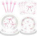 100 Pcs Pink Ribbon Bow Party Supplies Set, Serves 25 – Disposable Paper Plates, Napkins, and Plastic Forks, Coquette-Inspired Bow-Themed Tableware for Birthday, Bridal Shower, Wedding Decorations