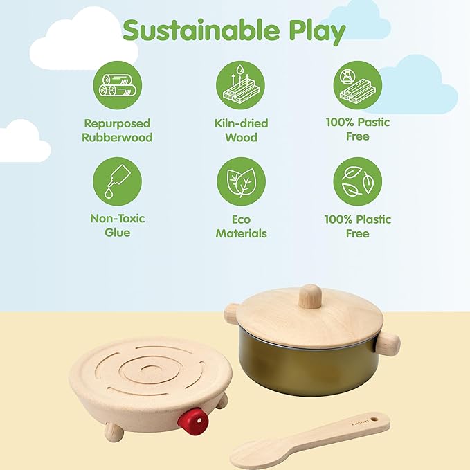 PlanToys® Wooden Cookery Set with Stove, Pot and Ladle | Montessori Pretend Play Toy for Imaginative Cooking, Social Interaction and Coordination | Eco Friendly Kitchen Toy