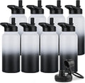 DOMICARE 32 oz Insulated Water Bottle Bulk, Vacuum Insulated Stainless Steel Sports Water Bottle with Straw Lid & Spout Lid, Leakproof, Reusable - Travel, Bike, Black White Gradient (8 Pack)