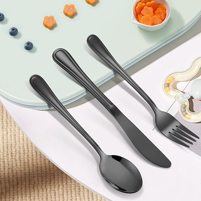 LIANYU 15-Piece Black Kids Silverware Set, Stainless Steel Toddler Utensils Flatware Set, Child Cutlery Tableware Set for 5, Include knife Fork Spoon, Mirror Finished, Dishwasher Safe