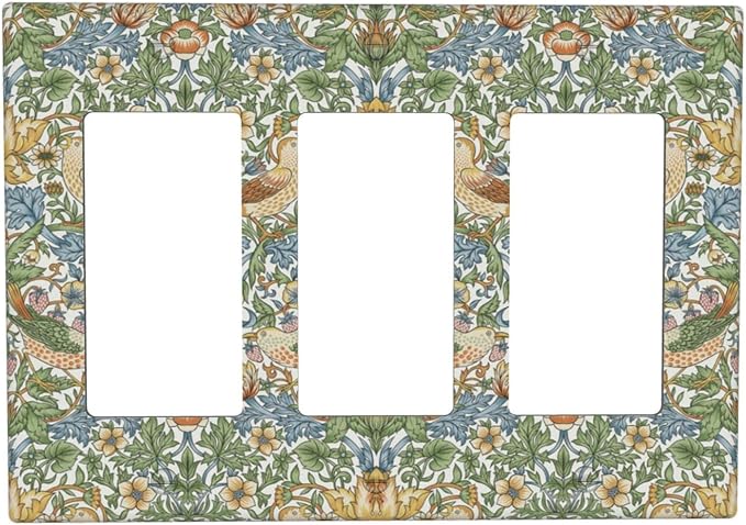 William Morris Strawberry Thrush Birdsl Triple Rocker Light Switch Cover Vintage Floral Flowers Plant 3 Gang Rocker Outlet Covers Decorative Electrical Wall Plate for Bedroom Living Room Décor