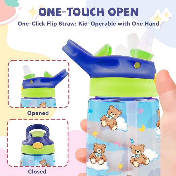 14oz Bear Kids Water Bottle with Straw - Bears Clouds Water Bottle For School, Leakproof, Lightweight, Durable Plastic Bottles for Kids Travel, Pop-Up Straw Cover, Gift Cup for Girls (Bear)