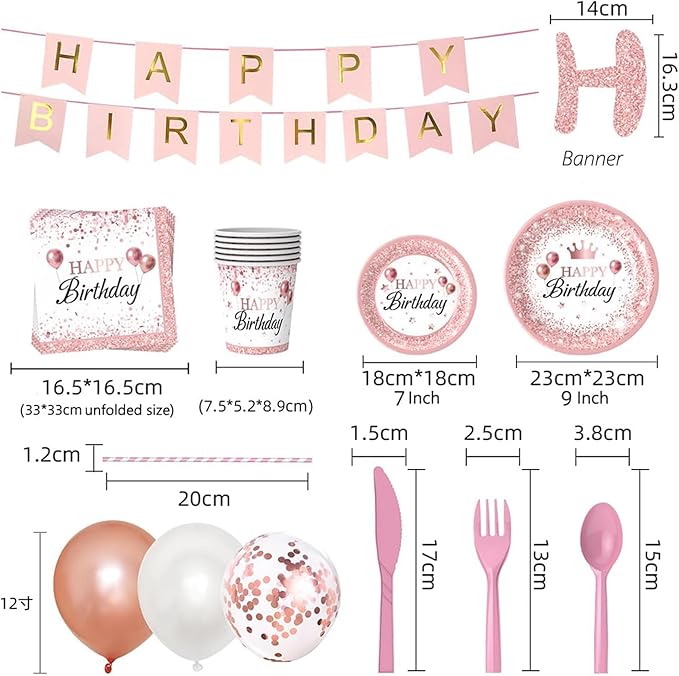 212Pcs Pink Birthday Decorations Disposable Dinnerware Sets,Birthday Party Supplies Plates Napkins Set Baby Shower Birthdays Party Plate Pink Set With Banners Cups Forks knives Spoons Serve 24