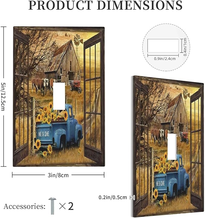 Fall Western Farmhouse Cow 1 Gang Light Switch Cover Decorative Barn door Country Blue Truck Single Toggle Wall Plate Electrical Switchplate Home Decor for Living Room Bedroom Bathroom Decorate