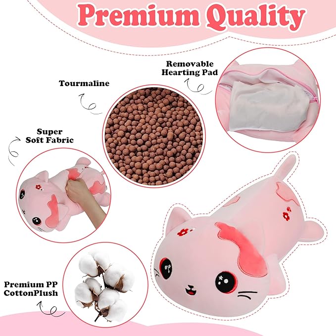 Microwave Weighted Cat Stuffed Animal - 2.2 Pounds Big Pink Cat Plush Machine Washable Unscented Cute Heating Pad Animal Pillow Warm Plushies Toy for Adults Kids Pink Flower Embroidery 15 Inch