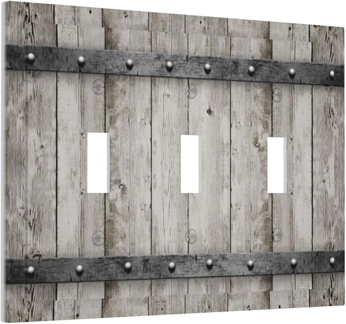 Farmhouse Grey Wood Triple Toggle Light Switch Cover Decorative Rustic Country Gray Wall Plates 3 Gang Electrical Faceplate for Bathroom Kitchen Bedroom Vintage Rustic Barn Door Decor
