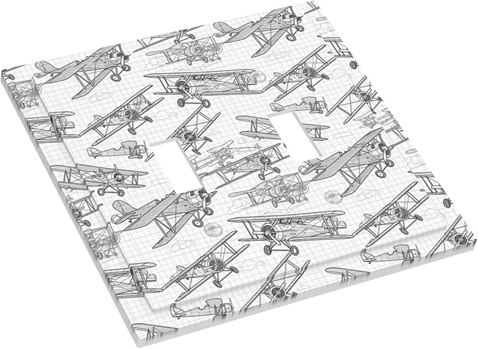 Vintage Biplane Double Toggle Switch Cover - 2-Gang Standard US Size Aviation Blueprint Grid Light Switch Covers, Retro Pilot Dream for Boys Room