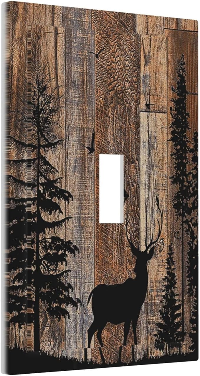 Decorative Light Switch Cover Rustic Forest Antler Elk Deer Silhouettes Animals Wood Grain 1 Gang Single Toggle Decorator Outlet Wall Plate Device Electrical Faceplate Switchplates for Farmhouse