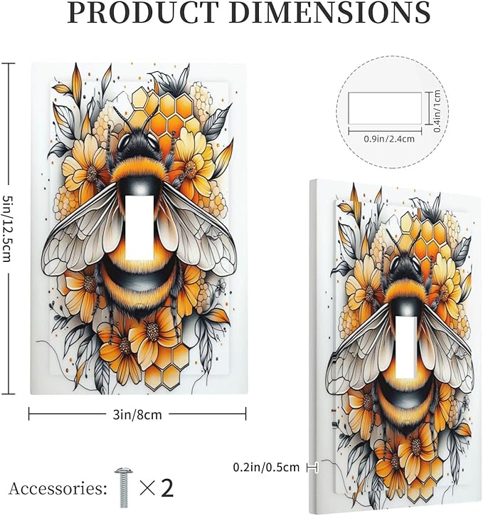 Decorative Light Switch Cover Bee Honeycomb Flowers Plant Leaves 1 Gang Single Toggle Device Electrical Faceplate Switchplates Decorator Outlet Wall Plate For Nursery Kids Room Decor