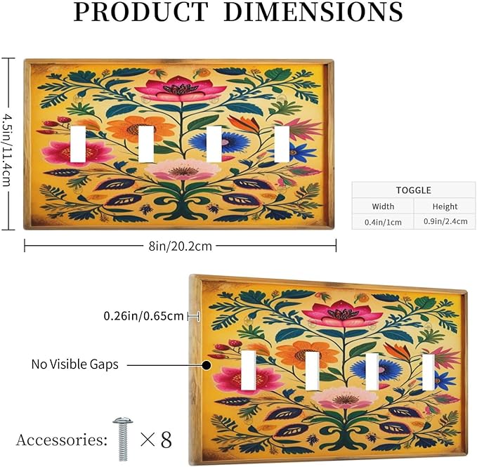 Decorative Art Light Switch Covers ColorFul Blooms Quad Toggle 4 Gang Wall Plate Switch plate Electrical Faceplate for Home Decor