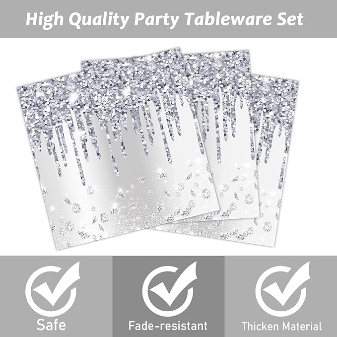 96 Pieces Silver Glitter Party Tableware Set for Denim and Diamonds Party Decorations Silver Plates and Napkins Forks Glitter Diamonds Theme Birthday Table Decorations for 24 Guests Parties Supplies