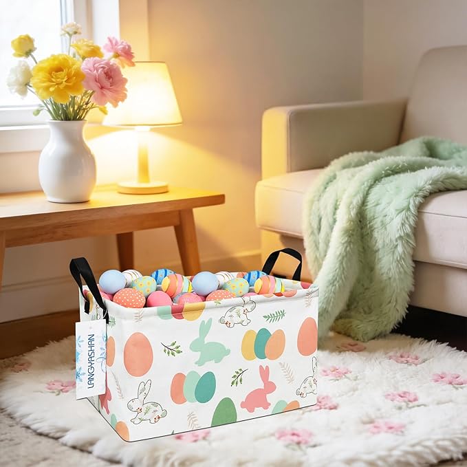 LANGYASHAN Rectangular Storage Bin Collapse Canvas Fabric Cartoon Storage Basket with Handles for Organizing Home Kitchen Boys and Girls Toys Office Closet Shelf Baskets (Rec Rabbit Easter Egg)