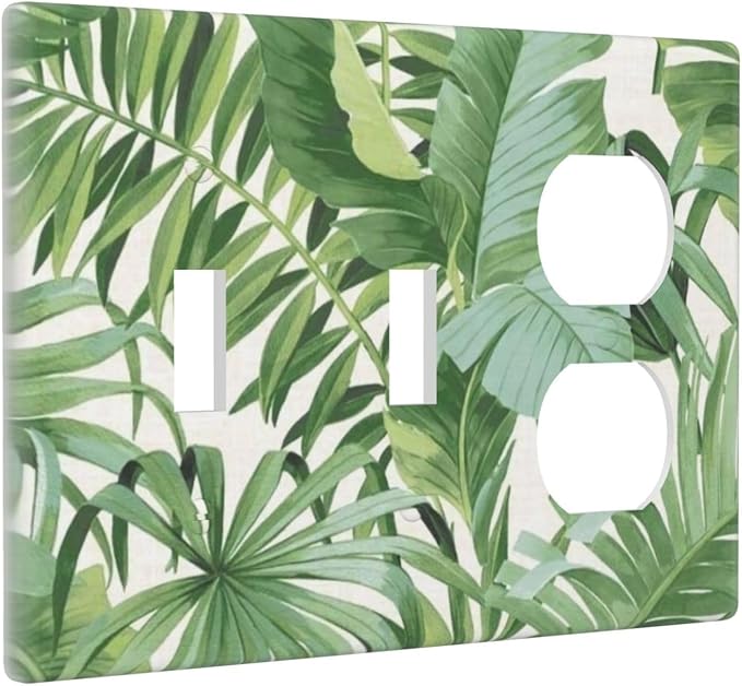 Tropical Palm Tree Leaves Jungle 3-Gang 2-Toggle 1-Duplex Device Combination Wall Plate, Green Botanical Plant Monstera Leaf Three Gang Combo Two Toggle/One Duplex Receptacle Outlet Light Switch Cover