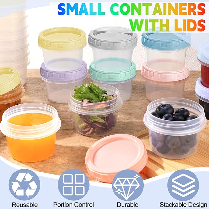 Yomarket 24pcs 4 oz Plastic Containers with Screw Lids, Reusable 1/2 Cup Small Food Storage Containers, Leakproof, Microwave Dishwasher Freezer Safe, with Pen and Brush