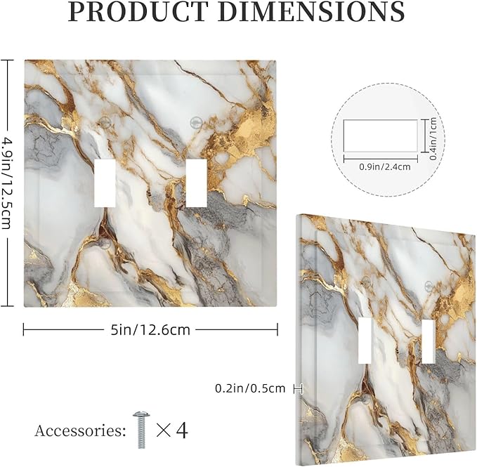 Light Switch Cover Plate White Gold Abstract Luxury Marble Patterns 2 Gang Double Switch Plate Covers Toggle Wallplate Decorative Outlet Covers Electrical Switchplate for Bathroom Home Decor