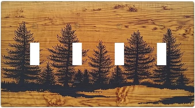 Light Switch Covers Forest Pine Silhouette Rustic Wood Grain Quad Toggle Electrical Faceplate 4 Gang Wall Plate Decorative Switch Plates For Farmhouse Cabin Decor