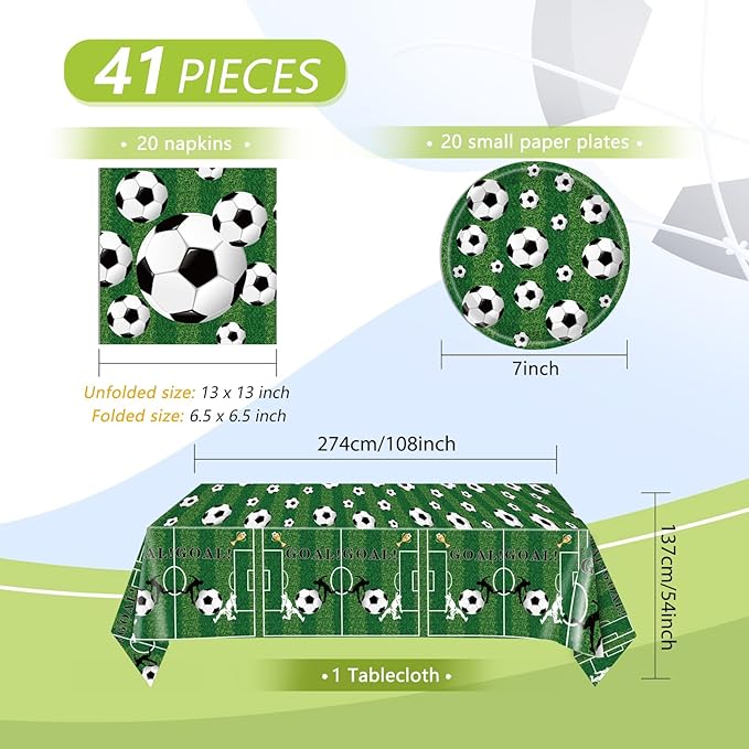 Soccer Theme Party Decorations,41Pcs Soccer Birthday Party Supplies Tableware Set with Party Plates and Napkins Tablecloth丨Baby Shower Boys Girls Sports Soccer Theme Birthday Party Supplies,Serves 20