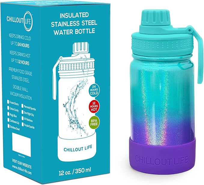 CHILLOUT LIFE 12 oz Kids Insulated Water Bottle for School with Leakproof Spout Lid and Cute Waterproof Stickers, Personalized Stainless Steel Thermos Flask Metal Water Bottle for Girls & Boys