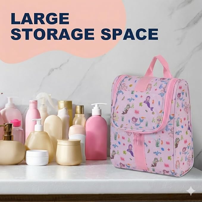 Remobia Hicol Cute Cartoon Hanging Kids Toiletry Bag Children Travel Cosmetic Makeup Organizer Wash Bag Shower bag Over Night Bag Camping Shaving Kit Bag for Boys & Girls (Mermaid Pink)