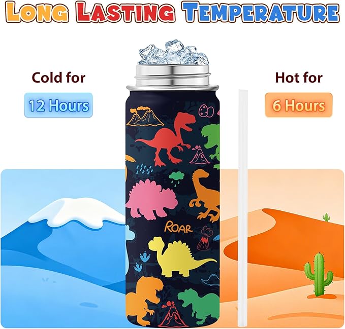 Dinosaur Gifts for Kids - 18oz Colorful Dino Water Bottle with Straw Lid, Stainless Steel Insulated Tumbler, Leakproof, BPA-Free, for Boys & Girls, School, Travel - Dino Lovers Birthday Gift Cup (1pc)