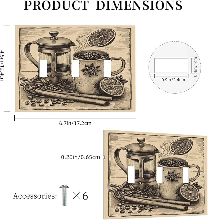 Light Switch Cover Plate Beige Vintage Rustic Coffee Beans Spice 3 Gang Triple Toggle Decorative Switch Plates Wall Plates Electrical Switchplate Faceplate for Kitchen Coffee Bar Decor