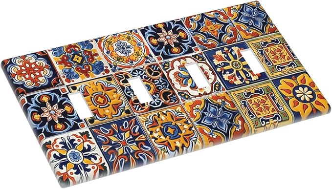 Mexican Talavera Tiles Flower Vintage Light Switch Covers Quad Toggle Electrical Faceplate 4 Gang Wall Plate Decorative Switch Plates Cover for Kitchen Bathroom Decor