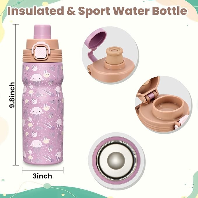 PIQUEBAR Kids insulated Water Bottle 17oz & Sport Water Bottle 24oz Set, Stainless Steel Metal Vacuum Water Bottles, Leakproof Tritan Sport Water Bottles for School Boys Girls, Pink Jellyfish