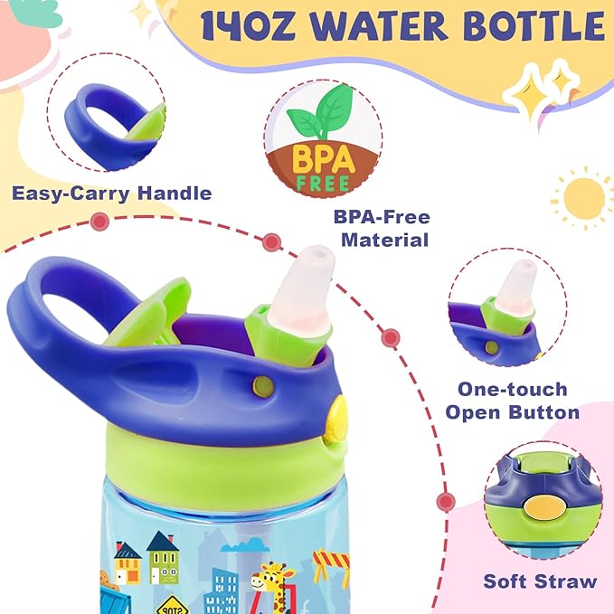 14oz Cute Cartoon Animals Kids Water Bottle with Straw Lid - Vehicles Water Bottles for Kids, Leakproof, Lightweight, Durable Plastic Bottles for School, Animal construction team Gift Cup for Teens