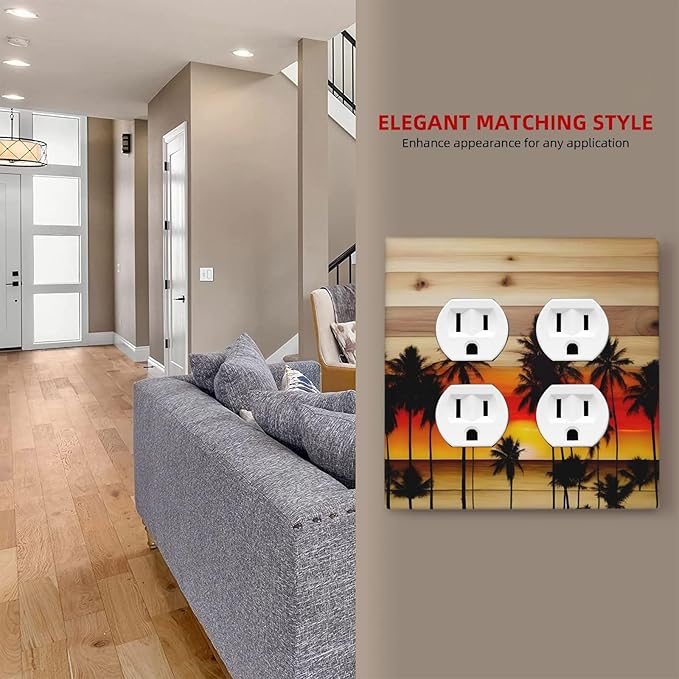 Sunset Beach Coconut Palm Tree Wooden Background Outlet Covers 2 Gang Double Duplex Decorative Light Switch Covers Electrical Wallplates Socket Faceplate for Bedroom Living Room Decor