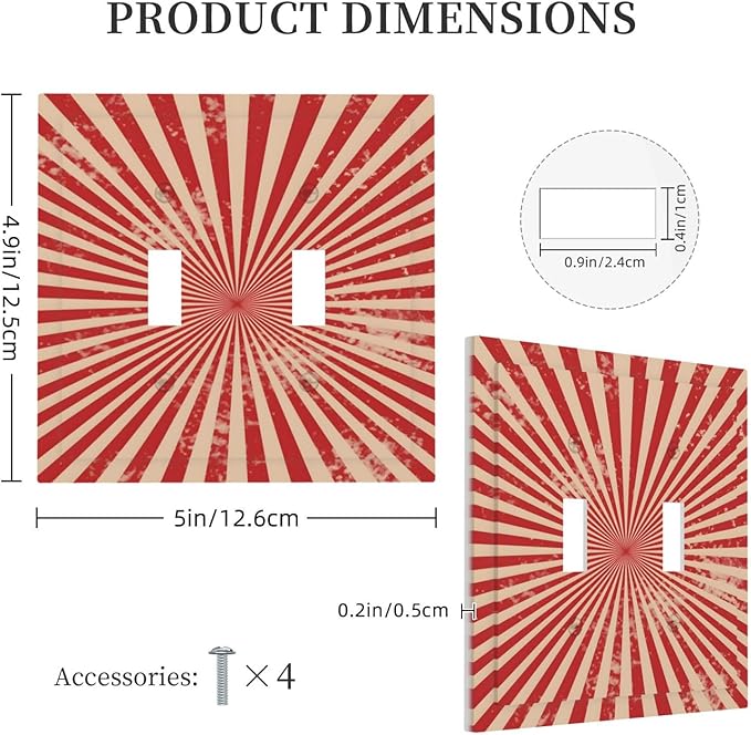 Retro Circus Sparkling Red White Lines Mid Century Decorative Switch Plates 2 Gang Double Toggle Outlet Light Switch Cover Wall Plate Electrical Faceplate for Farmhouse Home Decor