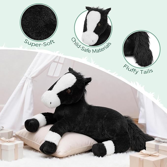 Tezituor 4ft Giant Black Horse Stuffed Animal, Realistic 47 inch Large Stuffed Horse Plush Toy for Boys Girls, Hugging Soft Pony Body Pillow Birthday Gift for Boys Girls