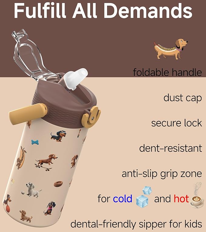 MYFOREST 14oz/400ml Insulated Kids Water Bottle, Odor-Free Surgical Grade Liner, Dishwasher-Safe, Name Spot, Soft Sipper, Gift for Dog Person (Beige. Dachshunds)