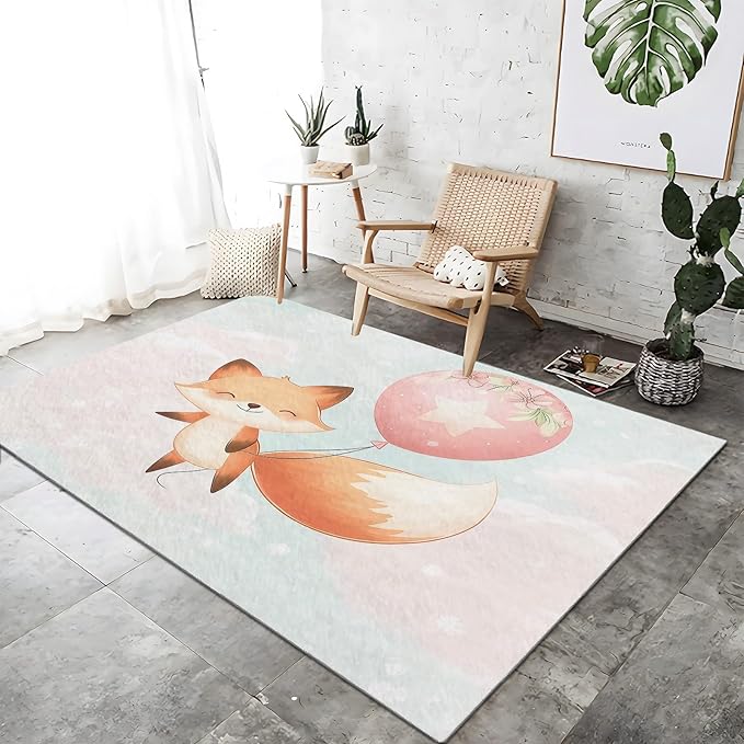 Cartoon Fox Balloon Kids Rugs 3×8ft Cute Animal Washable Soft Kids Bedroom Rugs, Non-Slip Floor Carpet for Living Room Dining Room Nursery Home Decor