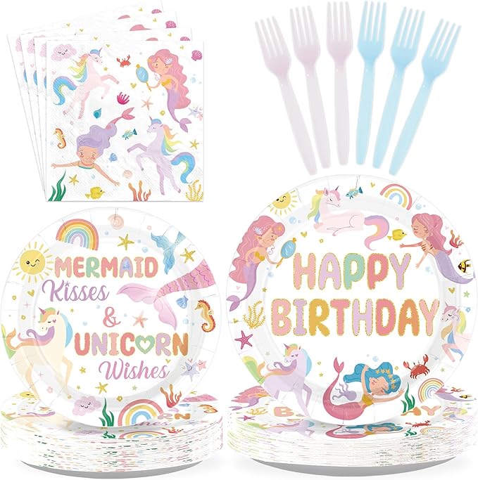 96 Pcs Mermaid Unicorn Birthday Party Decorations Cartoon Mermaid Paper Plates and Napkins Magical Pastel Rainbow Unicorn Tableware Sets for Girls Happy Birthday Baby Shower Party Supplies Serves 24