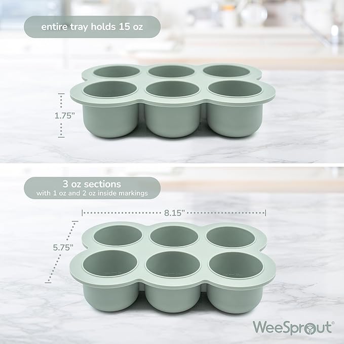 WeeSprout Silicone Baby Food Freezer Tray with Clip-on Lid - Perfect Storage Container for Homemade Baby Food, Vegetable & Fruit Purees, and Breast Milk (Matte Green, Six 3 Ounce Sections)