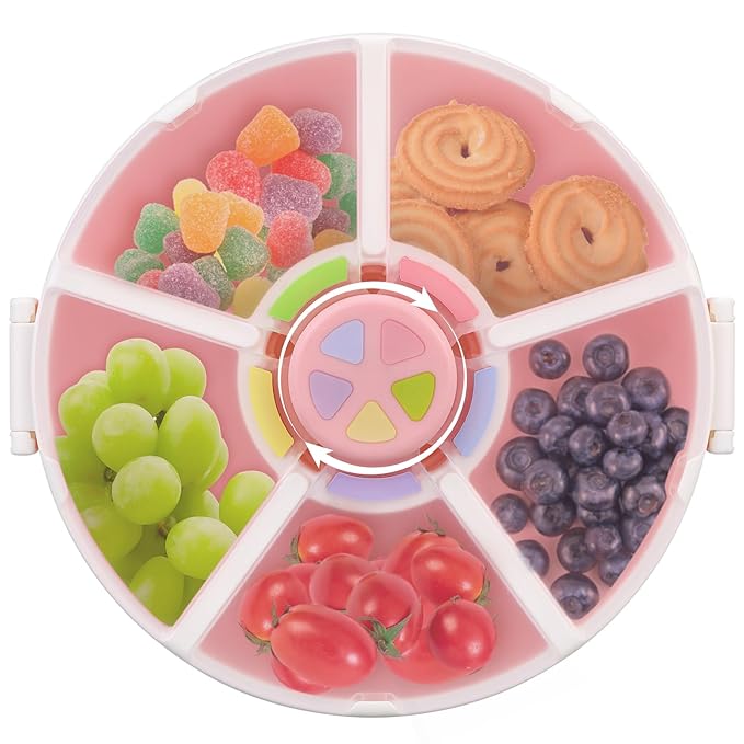 JOOPETALK Kids' Rotating Snack Container Set – 2-Pack, Includes 1 Rotating Snack Container & 1 Round Sectioned Snack Box, BPA-Free, Dishwasher Safe, Perfect for Travel-Pink