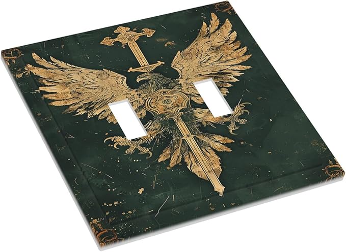 Medieval Retro Golden Eagle Totem Decorative Switch Plates 2 Gang Double Toggle Wall Plate Electrical Faceplate Outlet Light Switch Cover for Bedroom Living Room Decor
