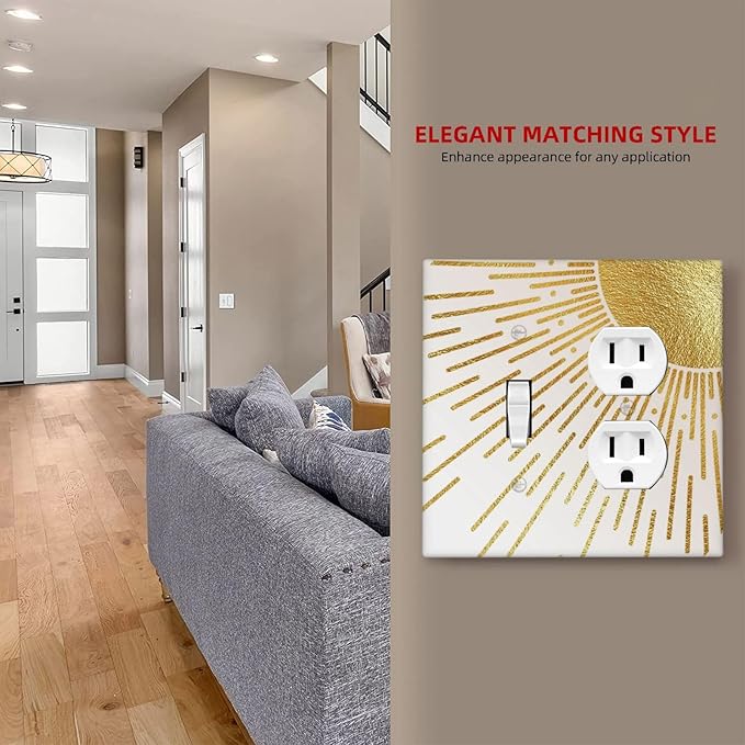 Mid Century Boho Gold Sun Abstract Sunrise Wallplates 1 Toggle 1 Duplex Switch Plate Electrical GFCI Faceplate Decorative Light Switch Covers for Kids Room Home Decor